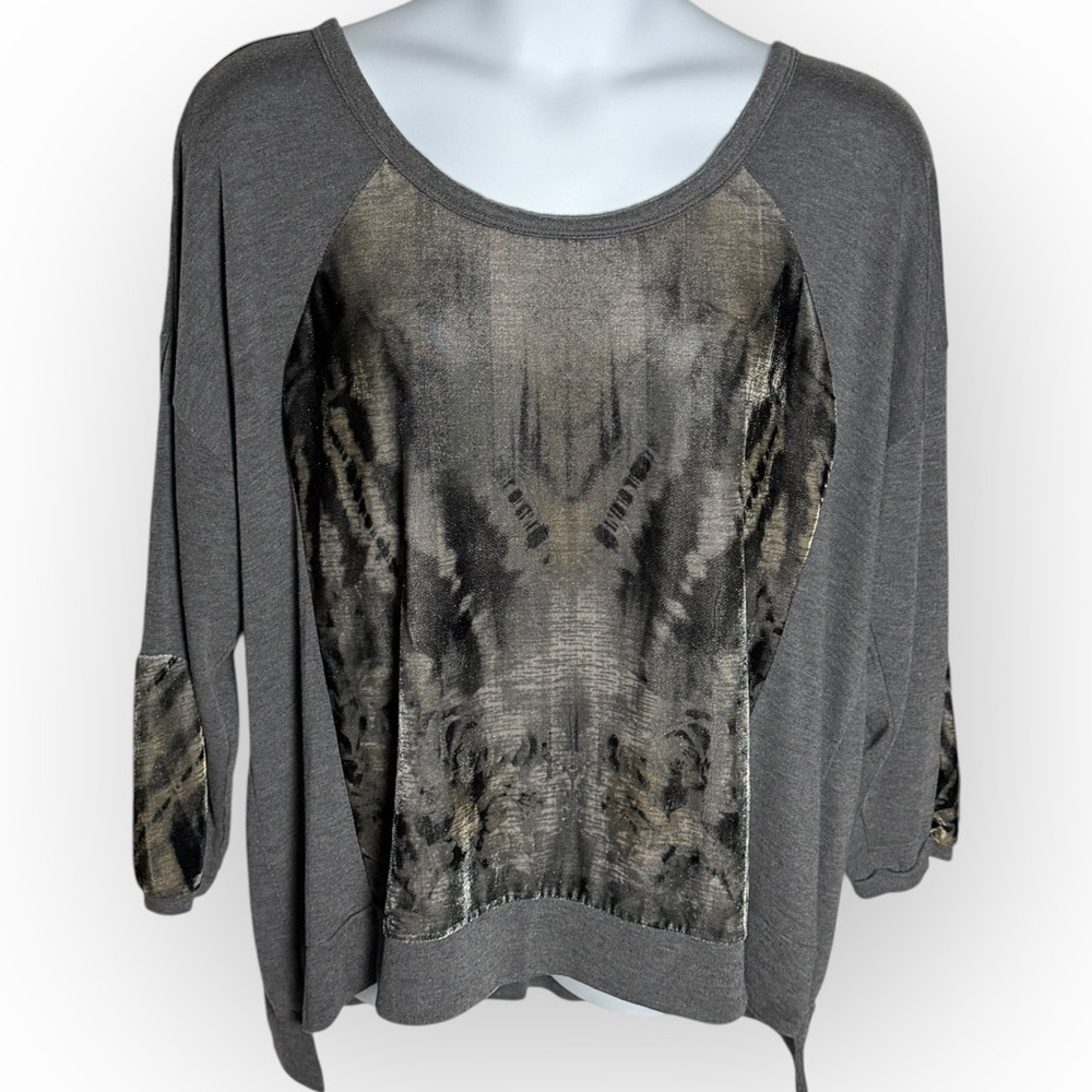 ONE WORLD Charcoal and Black Knit Top velvet front‎ & sleeve panels snakeskin